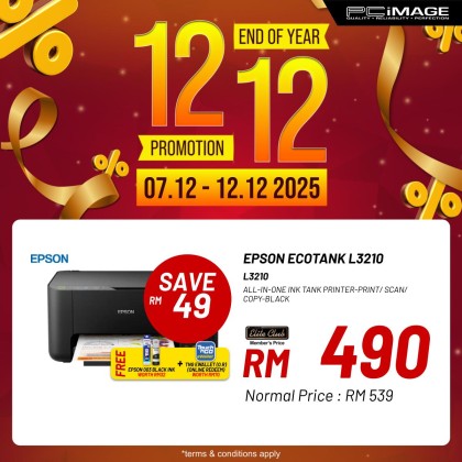 EPSON Ecotank L3210 All in One Ink Tank Printer-Black (PRINT/ SCAN/ COPY) + FREE RM70 TNG
