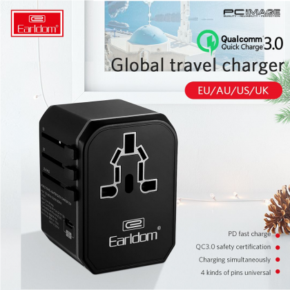 EARLDOM ET-LC9 Type-C PD + 4 USB AC Travel Adapter 5.6A - Black Grey