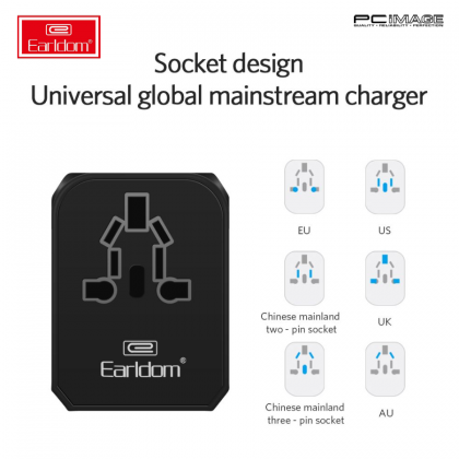 EARLDOM ET-LC9 Type-C PD + 4 USB AC Travel Adapter 5.6A - Black Grey