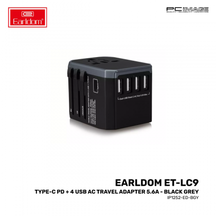 EARLDOM ET-LC9 Type-C PD + 4 USB AC Travel Adapter 5.6A - Black Grey