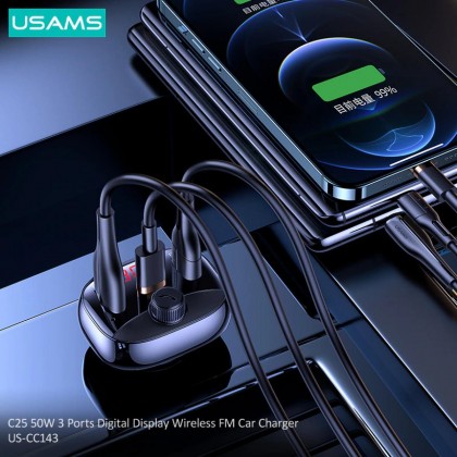 USAMS US-CC143 C25 50W 2A+C 3 PORTS DIGITAL DISPLAY WIRELESS FM CAR CHARGER - BLACK
