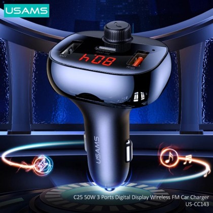 USAMS US-CC143 C25 50W 2A+C 3 PORTS DIGITAL DISPLAY WIRELESS FM CAR CHARGER - BLACK