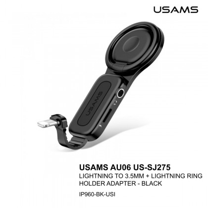 USAMS AU06 US-SJ275 LIGHTNING TO 3.5MM + LIGHTNING RING HOLDER ADAPTER - BLACK USAMS AU06 US-SJ275 LIGHTNING TO 3.5MM + LIGHTNING RING HOLDER ADAPTER - BLACK