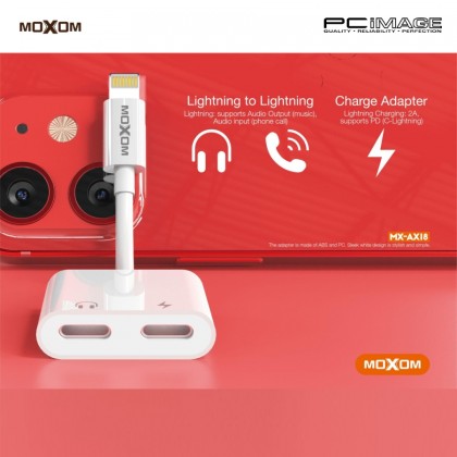 MOXOM MX-AX18 Lightning to Lightning Audio Output + Lightning Charge Adapter White