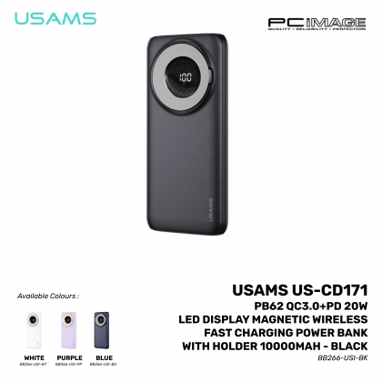 USAMS US-CD171 PB62 QC3.0+PD 20W LED Display Magnetic Wireless 15W Fast Charging Power Bank with Holder