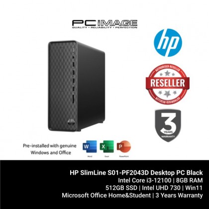 HP SlimLine S01-PF2043D Desktop PC Black (i3-12100, 8GB, 512GB, Intel, Win11H, OfficeHNS)