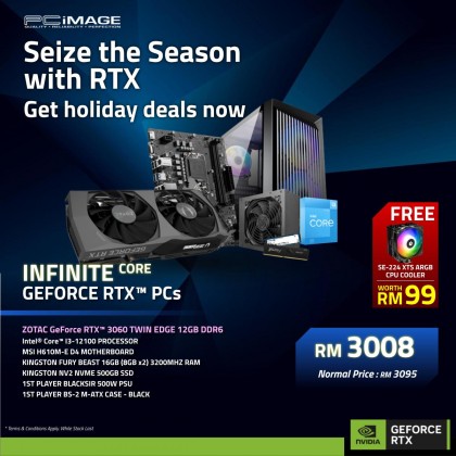 INFINITE CORE GAMING PC GEFORCE I3-12100/ MSI H610M-E D4/ 16GB 3200Mhz RAM/ 500GB NVME/ RTX3060 TWIN EDGE 12GB/ 1STPLAYER BLACK SIR 500W/ 1STPLAYER BS-2 M-ATX CASE