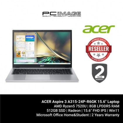 ACER Aspire 3 A315-24P-R6GK 15.6" Laptop Pure Silver (R5-7520U, 8GB, 512GB, Radeon, Win11H, OfficeHNS21)
