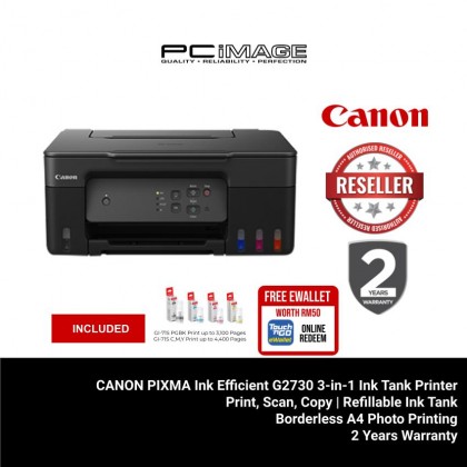 CANON PIXMA Ink Efficient G2730 Multifunction Refillable Ink Tank Printer ( Print, Scan, Copy, Borderless A4 Photo Printing ) + FREE RM50 TNG