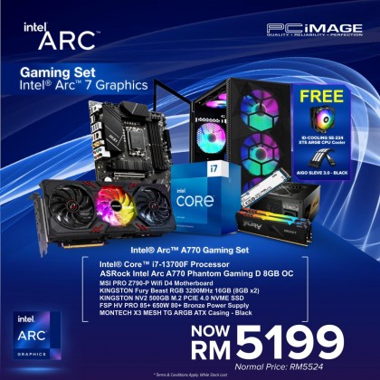 INTEL® ARC™ A770 GAMING PC - Intel Core i7-13700F/ ASROCK Intel Arc A770 Phantom Gaming D 8GB OC/  MSI PRO Z790-P Wifi D4/ 16GB (8GBx2) RAM/ 500GB M.2 PCIE 4.0 NVME/ FSP HV PRO 85+ 650W/ Montech X3 Mesh TG ARGB ATX Casing