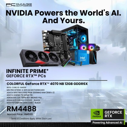 INFINITE PRIME+ GEFORCE RTX™ PC - Intel Core i5-14400F/ COLORFUL GeForce RTX™ 4070 NB 12GB GDDR6X/ MSI PRO B760M-A D4/ 16GB 3200Mhz RAM/ 1TB NVME SSD/ AEROCOOL LUX 750W 80+/ AQUA ELITE 240 AIO COOLER/ SEGOTEP ENDURA 240S CASE