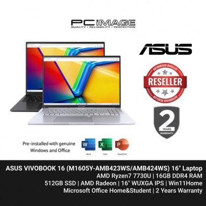 ASUS VIVOBOOK 16 (M1605Y-AMB423WS/AMB424WS) R7-7730U/16GB DDR4/512GB M.2/AMD RADEON/16" WUXGA 60Hz/Win11/HNS21/2 YEARS WITH 1 YEAR ADP/ Black/Silver