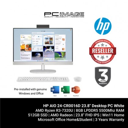 HP AIO 24-CR0016D 23.8" Desktop PC White (R3-7320U, 8GB 5500Mhz, 512GB SSD, Radeon, Win11H, OfficeHNS)