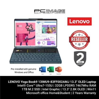 LENOVO Yoga Book9 13IMU9-83FF002AMJ 13.3" OLED Laptop Tidal Teal (U7-155U, 32GB 7467MHZ, 1TB SSD, Intel, Win11H, OfficeHNS21) + FREE TNG RM200 LENOVO Yoga Book9 13IMU9-83FF002AMJ 13.3" OLED Laptop Tidal Teal (U7-155U, 32GB 7467MHZ, 1TB SSD, Intel, Win11H, OfficeHNS21) + FREE TNG RM200