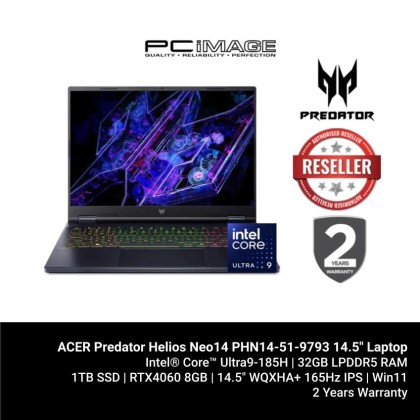 ACER Predator Helios Neo14 PHN14-51-9793 14.5" 165Hz Gaming Laptop Black (U9-185H, 32GB LPDDR5X, 1TB SSD, RTX4060 8GB, Win11H)