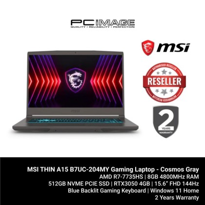 MSI THIN A15 B7UC-204MY 15.6" FHD 144Hz Gaming Laptop (R7-7735HS, 8GB 4800MHz, 512GB SSD, RTX 3050 4GB, Win11, Cosmos Gray)