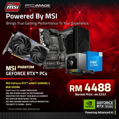 MSI PHANTOM GEFORCE RTX™ GAMING PC - Intel Core i5-14400F/ MSI RTX 4060 TI GAMING X 8GB/ MSI PRO B760M-A WIFI D4/ 16GB (8GBx2) RAM/ 1TB NVME M.2 SSD/ MSI MAG A650BN 650W 80PLUS BRONZE/ TRILOBITE T5 CASING