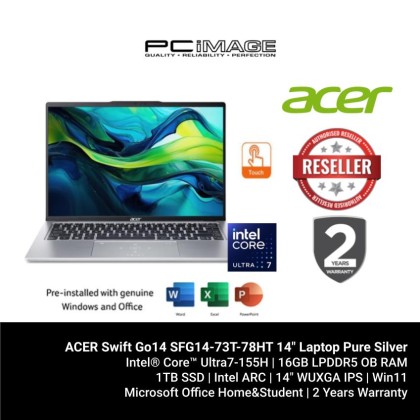 ACER Swift Go14 SFG14-73T-78HT 14" Laptop Pure Silver (U7-155H, 16GB LPDDR5X, 1TB SSD, Intel ARC, Win11H, OfficeHNS21) + FREE RM150 TNG