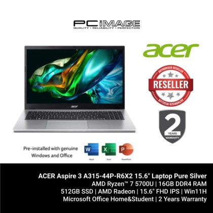 ACER Aspire 3 A315-44P-R6X2 15.6" Laptop Pure Silver (R7-5700U, 16GB DDR4, 512GB SSD, Radeon, WIn11H, OfficeHNS21, 2YW)