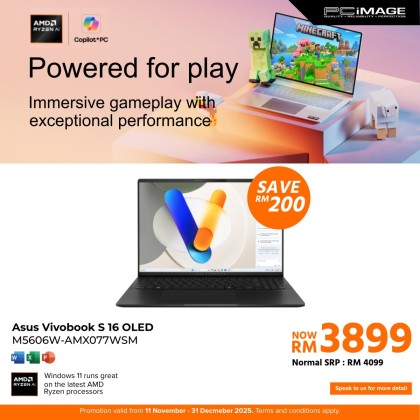 ASUS VIVOBOOK S16 OLED (M5606W-AMX077WSM/78WSM) Ryzen AI 9-365/ 24GB LPDDR5X/ 512GB SSD/ RADEON 880M/ 16" 3.2K OLED 120HZ/ Win11/ OfficeHNS21/2 YEARS WARRANTY