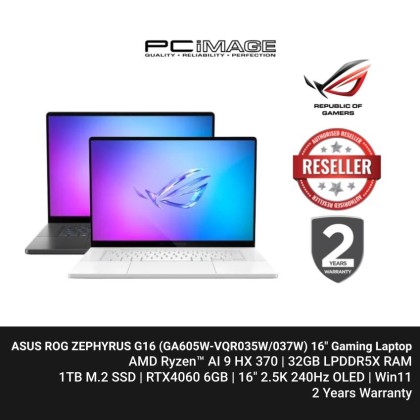 ASUS ROG ZEPHYRUS G16 (GA605W-VQR035W/037W) RYZEN AI 9 HX-370/ 32GB LPDDR5X /1TB SSD/ RTX4060 8GB/ 16" 2.5K WQXGA 240HZ OLED/ Win11H/ 2 YEARS WARRANTY