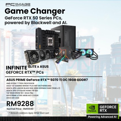 INFINITE ELITE X ASUS GEFORCE RTX™ PCs - AMD Ryzen 7 7700X/ ASUS Prime GeForce RTX™ 5070 Ti OC 16GB/ ASUS TUF Gaming B650M-PLUS Wifi/ 32GB RAM/ 1TB NVME SSD/ TUF 850G 850W 80+ GOLD PSU/ ASUS Prime LC360 ARGB AIO Cooler/ ASUS A21 Case
