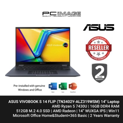 ASUS VIVOBOOK S 14 FLIP (TN3402Y-ALZ319WSM) R5-7430U, 16GB RAM, 512GB SSD, AMD Radeon, 14" WUXGA 60Hz Touch, Win11, OfficeHNS+365 Basic/2 YEARS WARRANTY Quiet Blue
