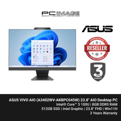 ASUS VIVO AIO (A3402WV-AKBPC045W) C3-100U, 8GB DDR5, 512GB SSD, 23.8" FHD, Win11, 3 Years Warranty Black