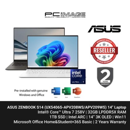 ASUS ZENBOOK S14 (UX5406S-APV208WS/APV209WS) U7-258V, 32GB LPDDR5X, 1TB SSD, Intel ARC, 14" 3K OLED 120HZ, Win11H, OfficeHNS21+365 BASIC, 2 Years Warranty ASUS ZENBOOK S14 (UX5406S-APV208WS/APV209WS) U7-258V, 32GB LPDDR5X, 1TB SSD, Intel ARC, 14" 3K OLED 120HZ, Win11H, OfficeHNS21+365 BASIC, 2 Years Warranty