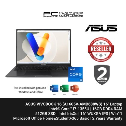 ASUS VIVOBOOK 16 (A1605V-AMB688WS) I7-1355U, 16GB DDR4, 512GB SSD, Intel IrisXe, 16 FHD 60Hz, Win11, OfficeHNS21+365 BASIC, 2 YEARS WARRANTY INDIE BLACK