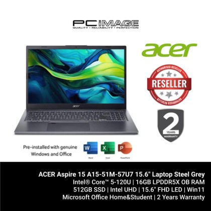 ACER Aspire 15 A15-51M-57U7 15.6" Laptop Steel Grey (C5-120U, 16GB LPDDR5X, 512GB SSD, Intel UHD, Win11H, OfficeHNS21)