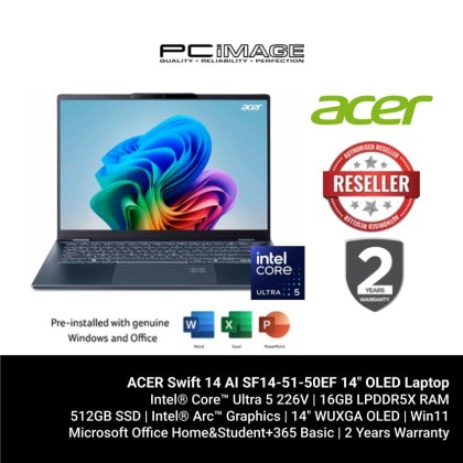 ACER Swift 14 AI SF14-51-50EF 14" OLED Laptop (U5-226V, 16GB LPDDR5X, 512GB SSD, Win11H, OfficeHNS21+M365 BASIC, 2YW) + FREE RM100 TNG
