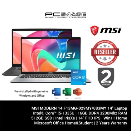 MSI MODERN 14 F13MG-029MY/083MY 14" Laptop (i5-1335U, 16GB 3200Mhz, 512GB SSD, Intel IrisXe, Win11H, OfficeHNS21, 2YW)
