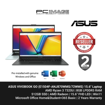 ASUS VIVOBOOK GO (E1504F-ANJ870WSM/71WSM/72WSM) R3-7320U, 8GB LPDDR5, 512GB SSD, Radeon, 15.6" FHD 60HZ, Win11, OfficeHNS21+365Basic, 2 Years Warranty