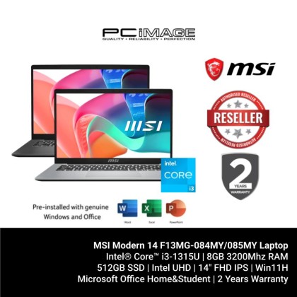 MSI Modern 14 F13MG-084MY/085MY Laptop (i3-1315U, 8GB 3200MHZ, 512GB SSD, Intel UHD, 14" FHD, Win11H, OfficeHNS21, 2YW)