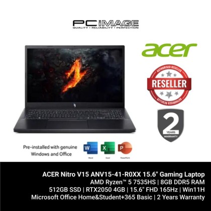 ACER Nitro V15 ANV15-41-R0XX 15.6" Gaming Laptop Black (R5-7535HS, 8GB DDR5, 512GB SSD, RTX2050 4GB, OfficeHNS24+M365 Basic, 2YW)