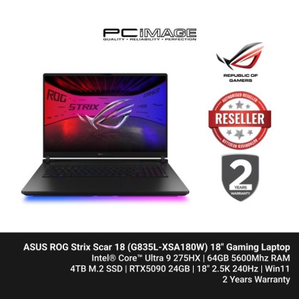 ASUS ROG Strix Scar 18 (G835L-XSA180W) U9 275HX, 64GB DDR5, 4TB SSD, RTX5090 24GB, 18" 2.5K 240Hz, Win11H, 2YW - Off Black ASUS ROG Strix Scar 18 (G835L-XSA180W) U9 275HX, 64GB DDR5, 4TB SSD, RTX5090 24GB, 18" 2.5K 240Hz, Win11H, 2YW - Off Black