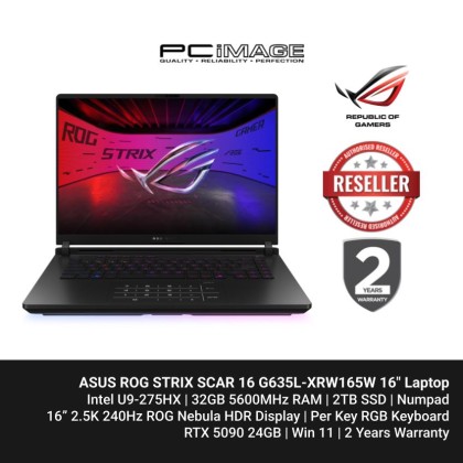 ASUS ROG Strix Scar 16 (G635L-XRW165W) U9 275HX, 32GB DDR5, 2TB SSD, GeForce RTX5090 24GB, 16" WQXGA 240Hz, Win11H, 2YW - Off Black