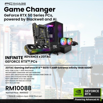 INFINITE ELITE X ZOTAC GEFORCE RTX™ PCs - Intel Core Ultra 7-265K/ ZOTAC Gaming GeForce RTX™ 5070 Ti AMP Extreme Infinity 16GB/ MSI MAG B860 Tomahawk Wifi/ 32GB RAM/ 1TB NVME SSD/ NZXT C850 850W 80+ Gold PSU/ NZXT Kraken 240 RGB AIO Cooler