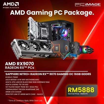 AMD RX9070 RADEON RTX™ PCs - Ryzen 5 7500F/ Sapphire Nitro+ Radeon RTX™ 9070 Gaming OC 16GB/ Asus B650M-AYW Wifi/ 16GB RAM/ 1TB SSD/ 1st Player NGDP 750W 80+ Gold PSU/ Thermalright Frozen Warframe 240 ARGB LCD Cooler/ Segotep Lumi 3T ARGB MATX Case