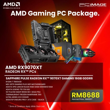 AMD RX9070XT RADEON RTX™ PCs - Ryzen 7 7800X3D/ Sapphire Pulse Radeon RTX™ 9070XT Gaming 16GB/ MSI X870 Gaming Plus Wifi/ 32GB RAM/ 1TB SSD/ 1st Player NGDP 850W 80+ Gold PSU/ Thermalright Frozen Warframe 360 Ultra ARGB LCD Cooler