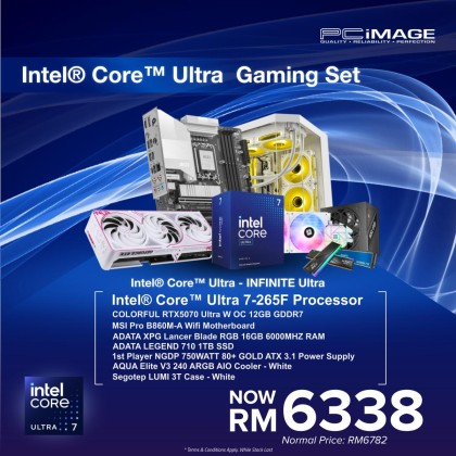 Intel® Core™ Ultra - INFINITE ULTRA PC - Ultra 7-265F Processor/ Colorful RTX5070 Ultra W OC 12GB GDDR7/ MSI Pro B860M-A Wifi/ 16GB RAM/ 1TB SSD/ 750Watt 80+ Gold ATX PSU/ AQUA Elite V3 240 ARGB AIO Cooler