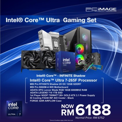 Intel® Core™ Ultra - INFINITE SHADOW PC - Ultra 7-265F Processor/ MSI Pro RTX5070 Shadow 2X OC 12GB GDDR7/ MSI Pro B860M-A Wifi/ 16GB RAM/ 1TB SSD/ 750Watt 80+ Gold ATX PSU/ ID Cooling FX240 INF AIO Cooler