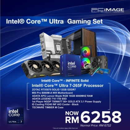 Intel® Core™ Ultra - INFINITE SOLID PC - Ultra 7-265F Processor/ ZOTAC RTX5070 Solid 12GB GDDR7/ MSI Pro B860M-A Wifi/ 16GB RAM/ 1TB SSD/ 750Watt 80+ Gold ATX PSU/ ID Cooling FX240 INF AIO Cooler