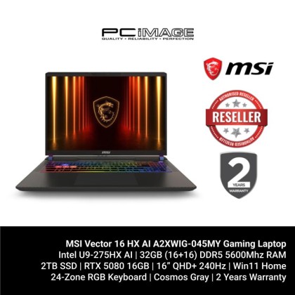 MSI VECTOR 16 HX AI A2XWIG-045MY Gaming Laptop (U9-275HX AI/32GB 5600MHZ(16+16)/2TB SSD(1*EXTRA GEN5 SLOT)/RTX5080 16GB/16" QHD+ 240HZ/W11H/2YW/COSMOS GRAY/24-ZONE RGB GAMING KB COPILOT KEY) MSI VECTOR 16 HX AI A2XWIG-045MY Gaming Laptop (U9-275HX AI/32GB 5600MHZ(16+16)/2TB SSD(1*EXTRA GEN5 SLOT)/RTX5080 16GB/16" QHD+ 240HZ/W11H/2YW/COSMOS GRAY/24-ZONE RGB GAMING KB COPILOT KEY)