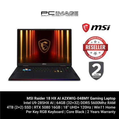 MSI RAIDER 18 HX AI A2XWIG-048MY Gaming Laptop (U9-285HX AI/64GB 6400MHZ(32+32)/4TB SSD(2TB GEN5+2TB GEN4)/RTX5080 16GB/18" UHD+ 120HZ/W11H/2YW ONSITE/CORE BLACK/PER KEY RGB GAMING KB COPILOT KEY)