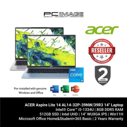ACER Aspire Lite 14 AL14-32P-39NW/39R3 14" Laptop (C3 N355, 8GB DDR5, 512GB SSD, Intel UHD, Win11H, OfficeHNS24+M365 BASIC, 2YW)