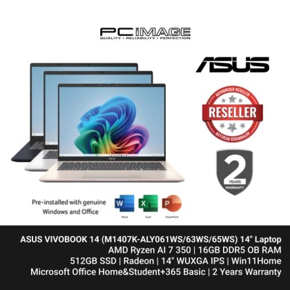 ASUS VIVOBOOK 14 (M1407K-ALY061WS/63WS/65WS) AI 7 350, 16GB DDR5, 512GB SSD, Radeon, 14" WUXGA 60HZ, Win11H, OfficeHNS24+365 Basic, 2 Years Warranty