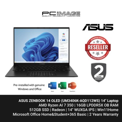 ASUS ZENBOOK 14 OLED (UM3406K-AQD112WS) AI 7-350, 16GB LPDDR5X, 512GB SSD, Radeon, 14"WUXGA 60Hz OLED, Win11H, OfficeHNS24+365 Basic Jade Black