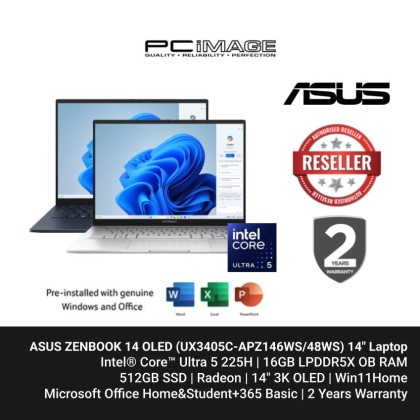 ASUS ZENBOOK 14 OLED (UX3405C-APZ146WS/48WS) U5-225H, 16GB LPDDR5X, 512GB SSD, Intel ARC, 14" 3.2K OLED 120HZ, Win11H, OfficeHNS24+365 Basic, 2 Years Warranty